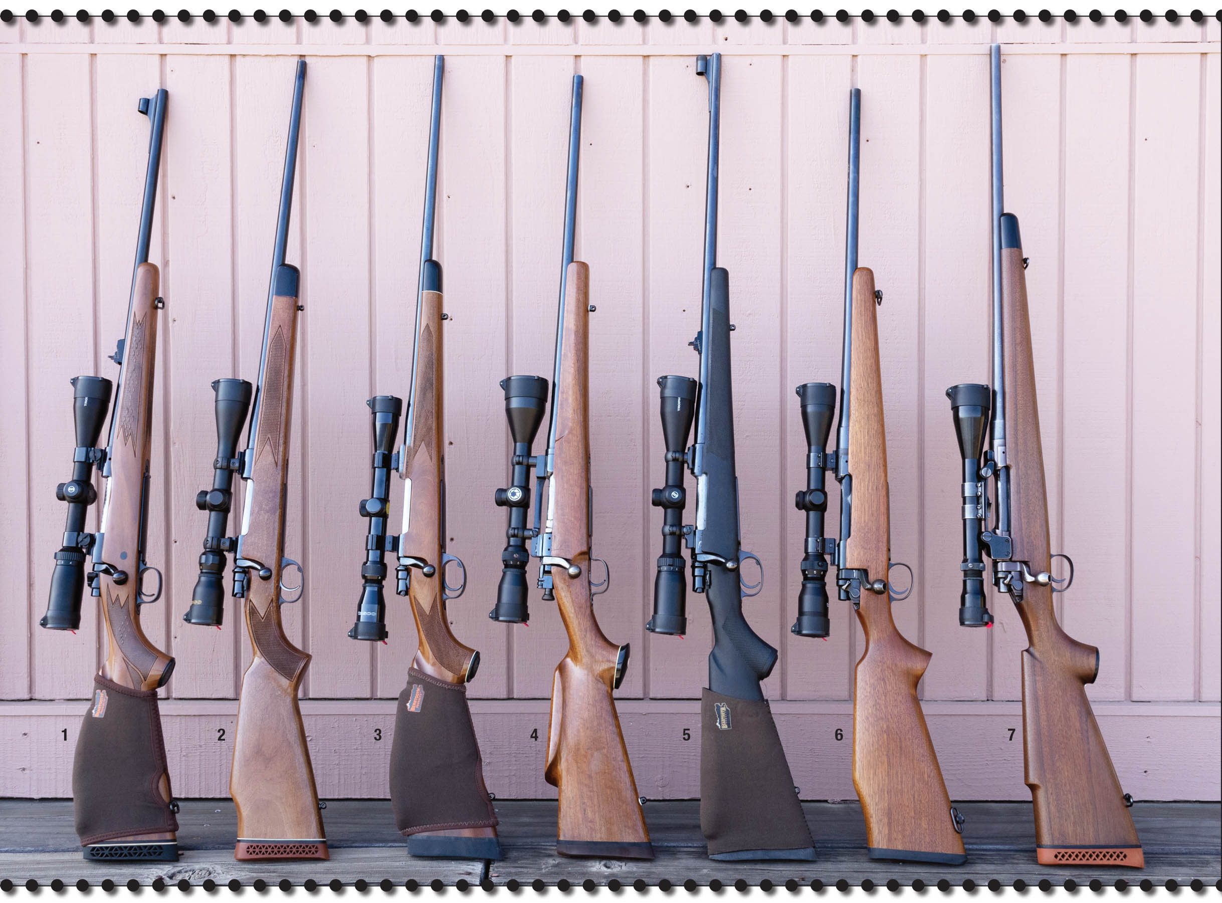The .30-06 bolt-action rifles used and referenced throughout the article: (1) Winchester Model 70, (2) Mark X rifle B, (3) Mark X rifle C, (4) Remington Model 1903 Springfield, (5) Winchester Mark X rifle A and USA Model 1917 rifles, (6) Winchester rifle A and (7) Winchester rifle B.
